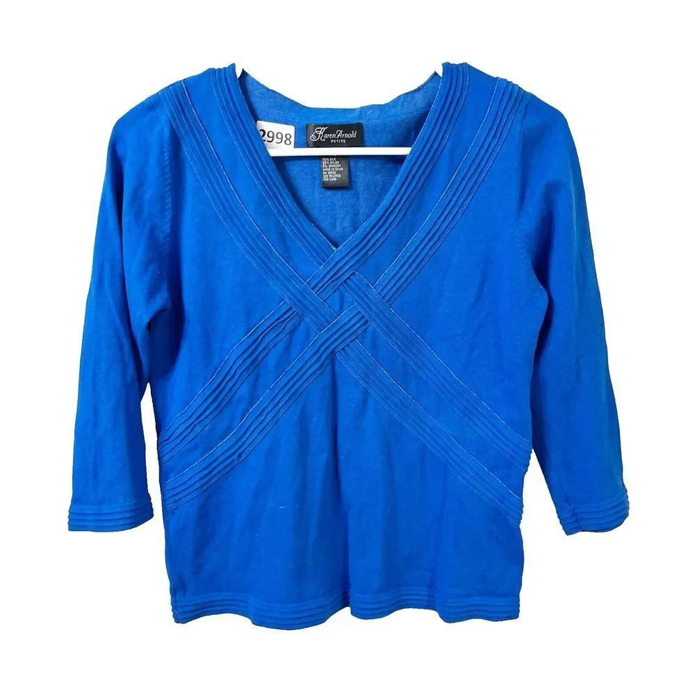 Karen Arnold Womens Blue Blouse PL Petite 3/4 Sleeve Layered Strip Pullover Top